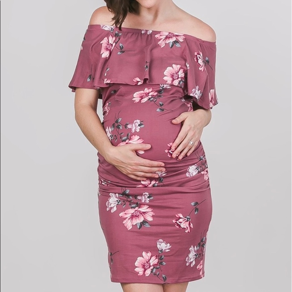Mauve Floral Off The Shoulder Maternity Dress